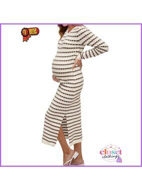 Midi Sweater Dress Long Sleeve Crewneck Side Slit Knit Maternity Bodycon